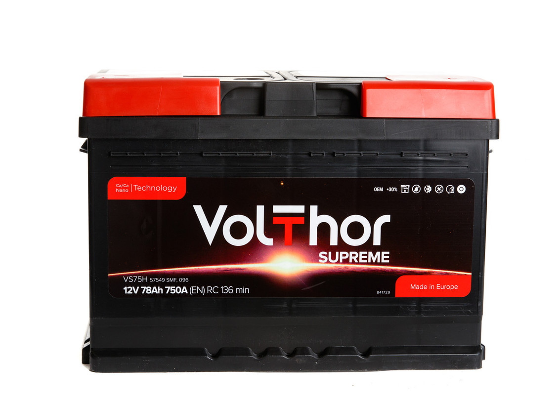 Акумулятор легковий VOLTHOR АзЕ Supreme (SMF,ME) 12B 78Ah 750A плюс справа (R+) кальцієвий (Ca/Ca) 278X175X190мм (301675)